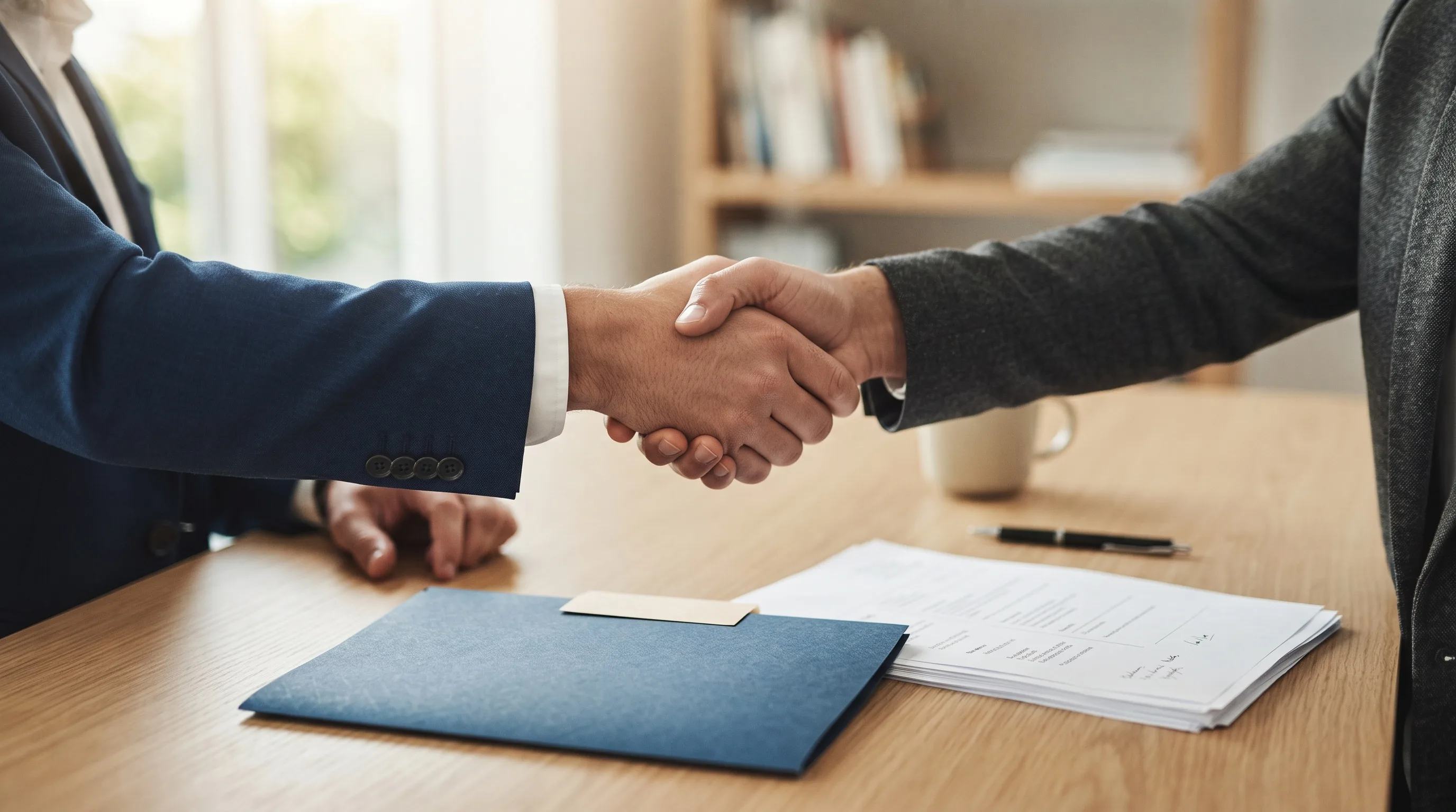 Two professionals shaking hands over a desk with a resume and folder