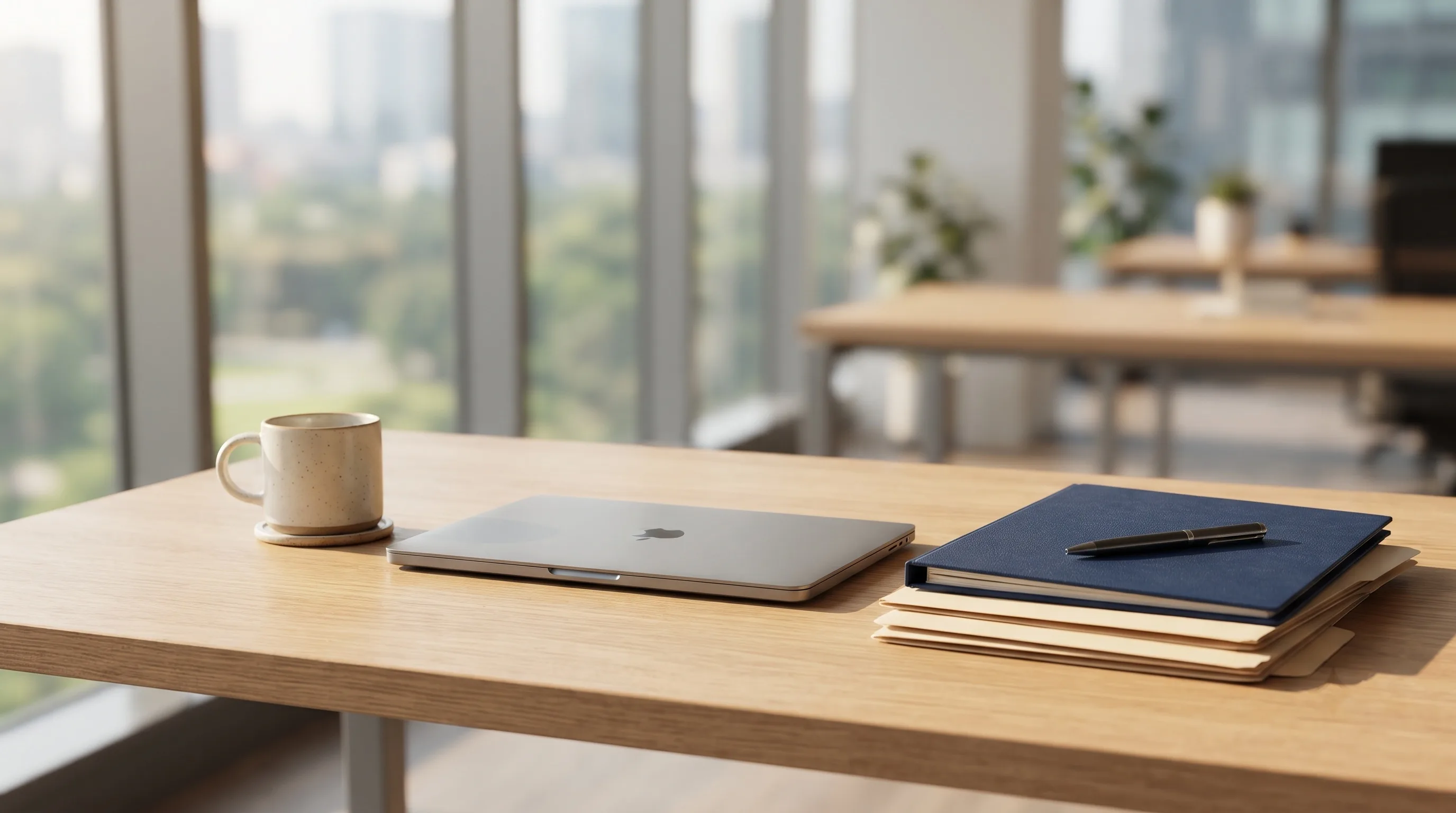 A tidy, sunlit desk with a laptop, coffee, a notebook, and a stack of folders